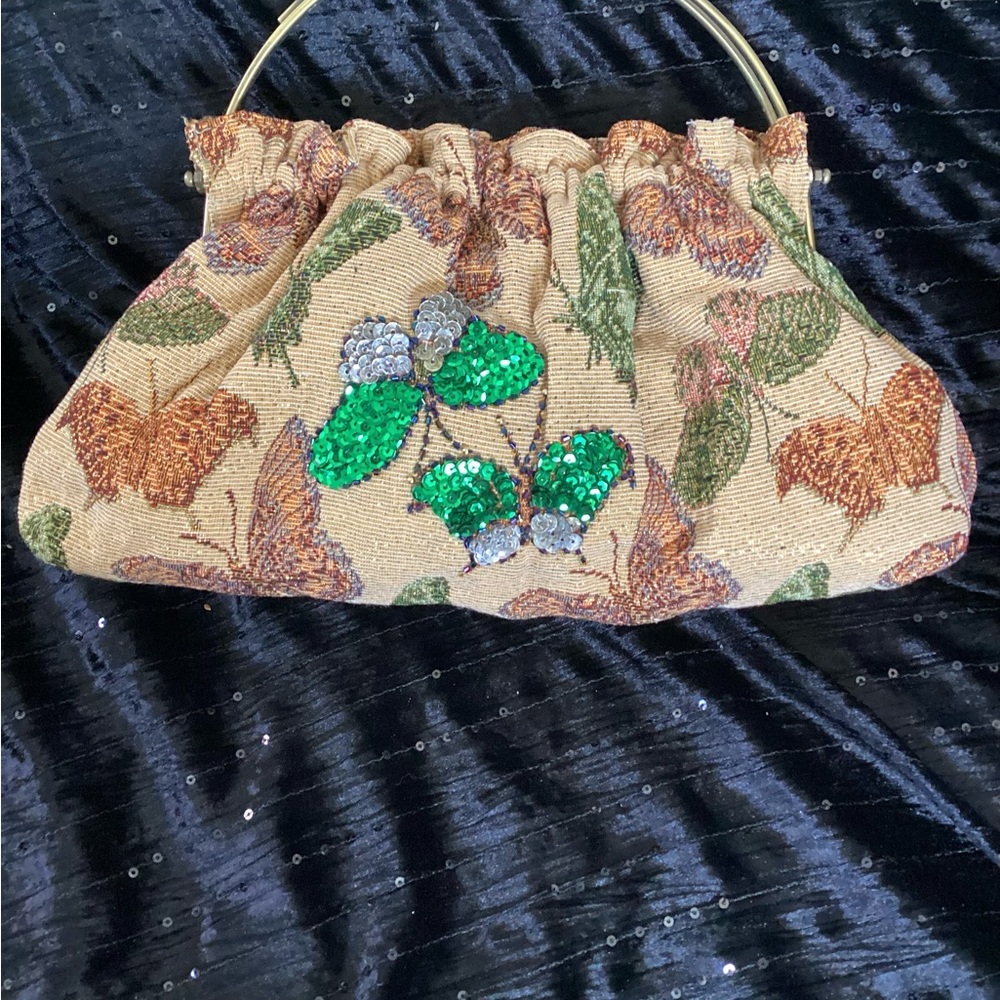 Vintage Tapestry Beige & Green Butterfly Clutch Crossbody Handbag **FIRM PRICE**